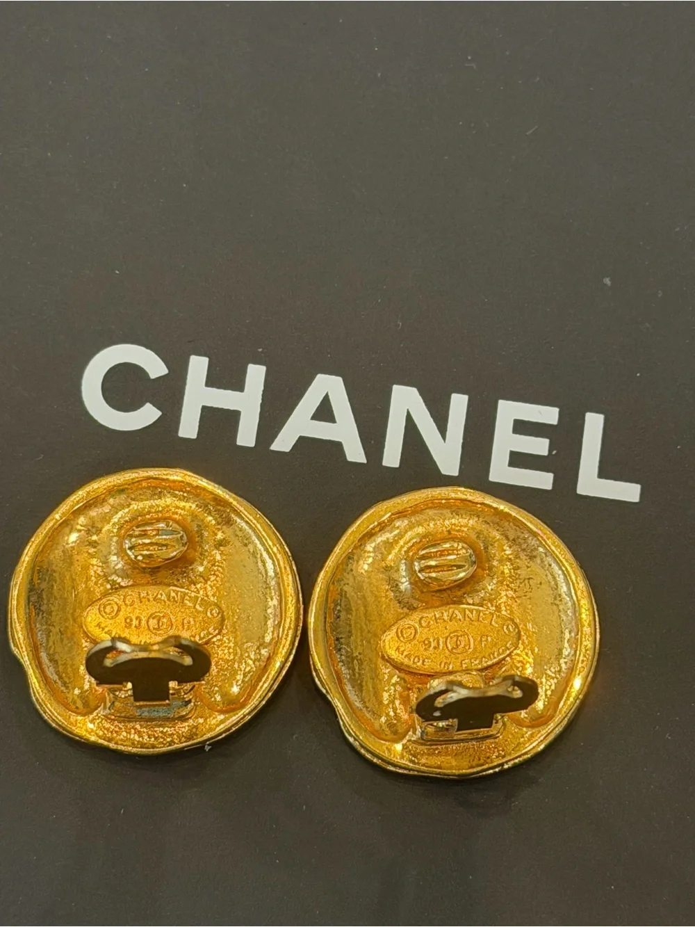 CHANEL Gold Plated CC Emblem  Earrings